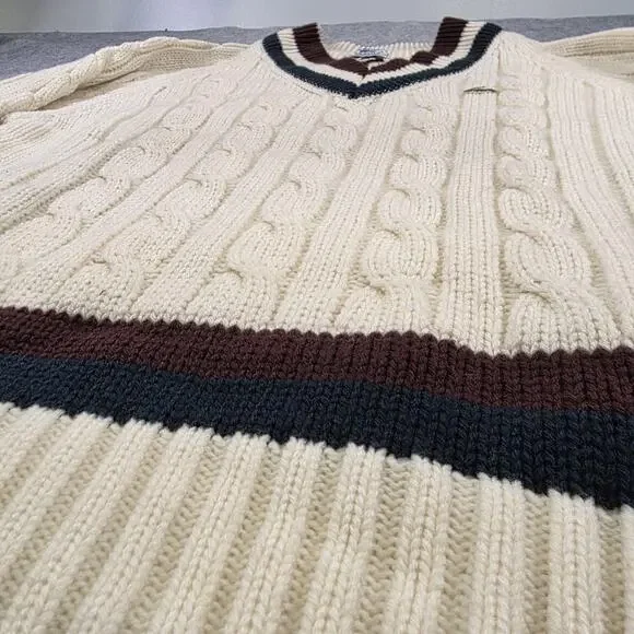 VTG IZOD Lacoste Sweater Mens Large White Cable Knit V Neck Tennis Pullover 80s